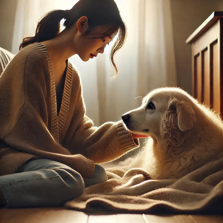 임종 직전 강아지 바라보는 보호자 모습